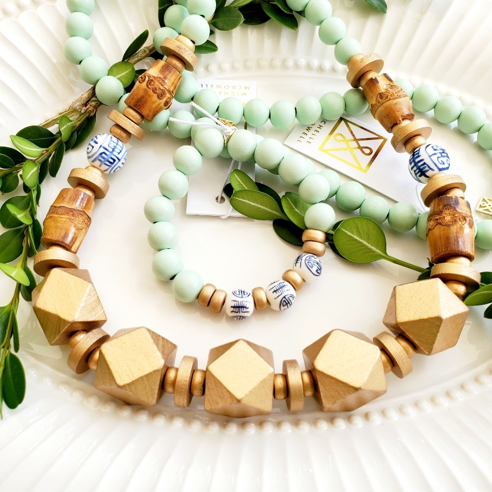Michelle McDowell Chinoiserie Mint and Gold Long Necklace and Braclet Set